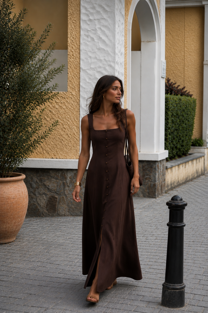 VESTIDO LINO ABOTONADO MARRÓN