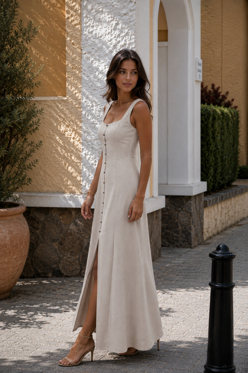 VESTIDO LINO ABOTONADO BEIGE