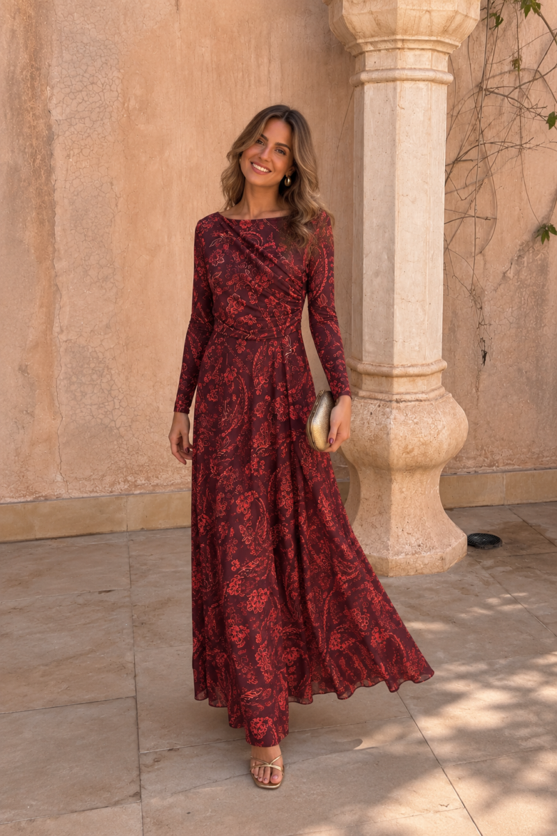 VESTIDO MIDI ESTAMPADO BURDEOS